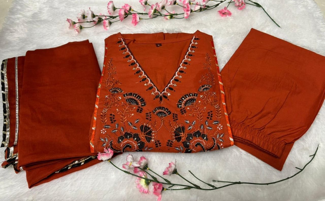 Orange Natra Cut Embroidered Kurta Set
